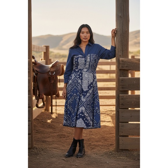 HOLDING HORSES Dresses & Skirts - Holding Horses Navy Blue Bandana Print Button Front Midi Shirt Dress Size 8